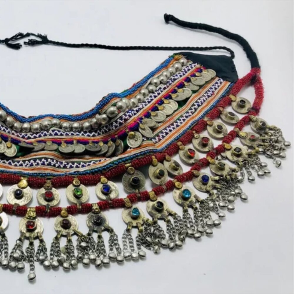Vintage Kuchi Belly Dance Belt: Afghan Coins & Glass Stones - Picture 4 of 12